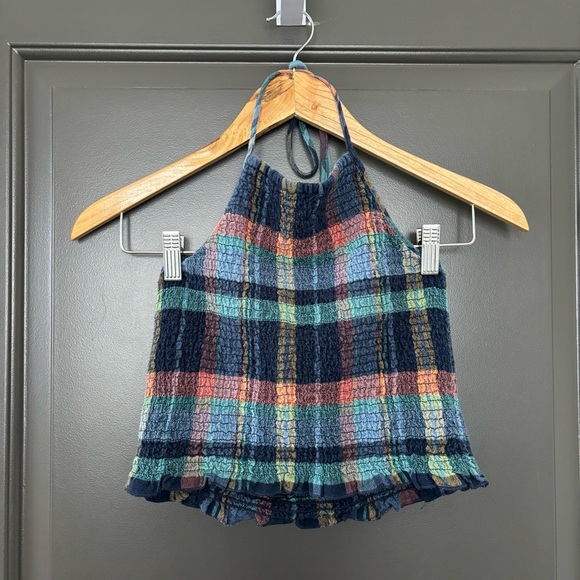 American Eagle Plaid Halter Festival Top Smocked Adjustable Stretchy Size Small - Picture 2 of 5